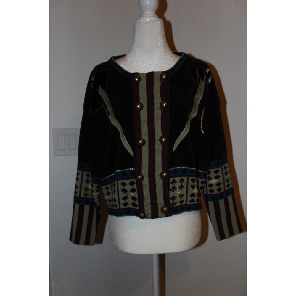 VTG Crisca by Escada Wool‎ Velvet Military Cardigan Sweater Black Gold Size S